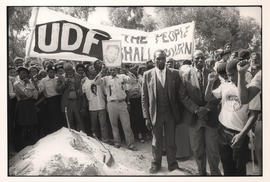 Political funeral of an UDF activist in Gugulethu, shot by the police - with portrait of Nelson M...