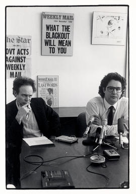 Weekly Mail editors press conference after their newspaper was banned for a month. Johannesburg u...