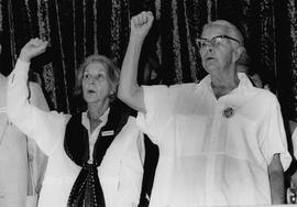 Veteran anti-apartheid activist Helen Joseph and author Nadine Gordimer at a public meeting of th...