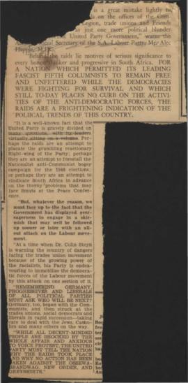 Newspaper clip of a comment by Alex Hepple (M.P.C.) Acting General Secretary of the S.A. Labour P...