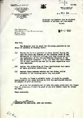 Marais van der Merwe: Letter to Registrar, University of the Witwatersrand from Department of Edu...