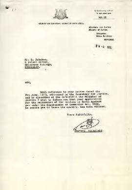 van Wyk: Letter to Sobukwe from the Secretary of the Interior refusing relaxation of banning notice