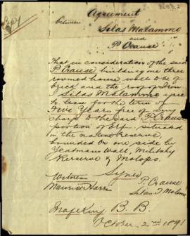 1891 October 2. Agreement between Silas Malammo (Molema) and P Crause whereby in consideration of...