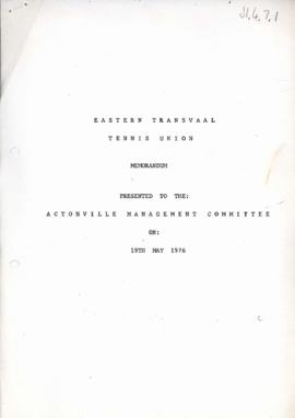 Eastern Transvaal Tennis Union Memorandum presented to the Actonville Management Committee, 1978