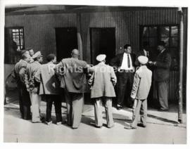 Sobukwe with the PAC at Orlando Police Station (between two white security policemen)